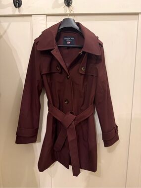 London Fog Burgundy Belted Trench Coat with Removable Hood